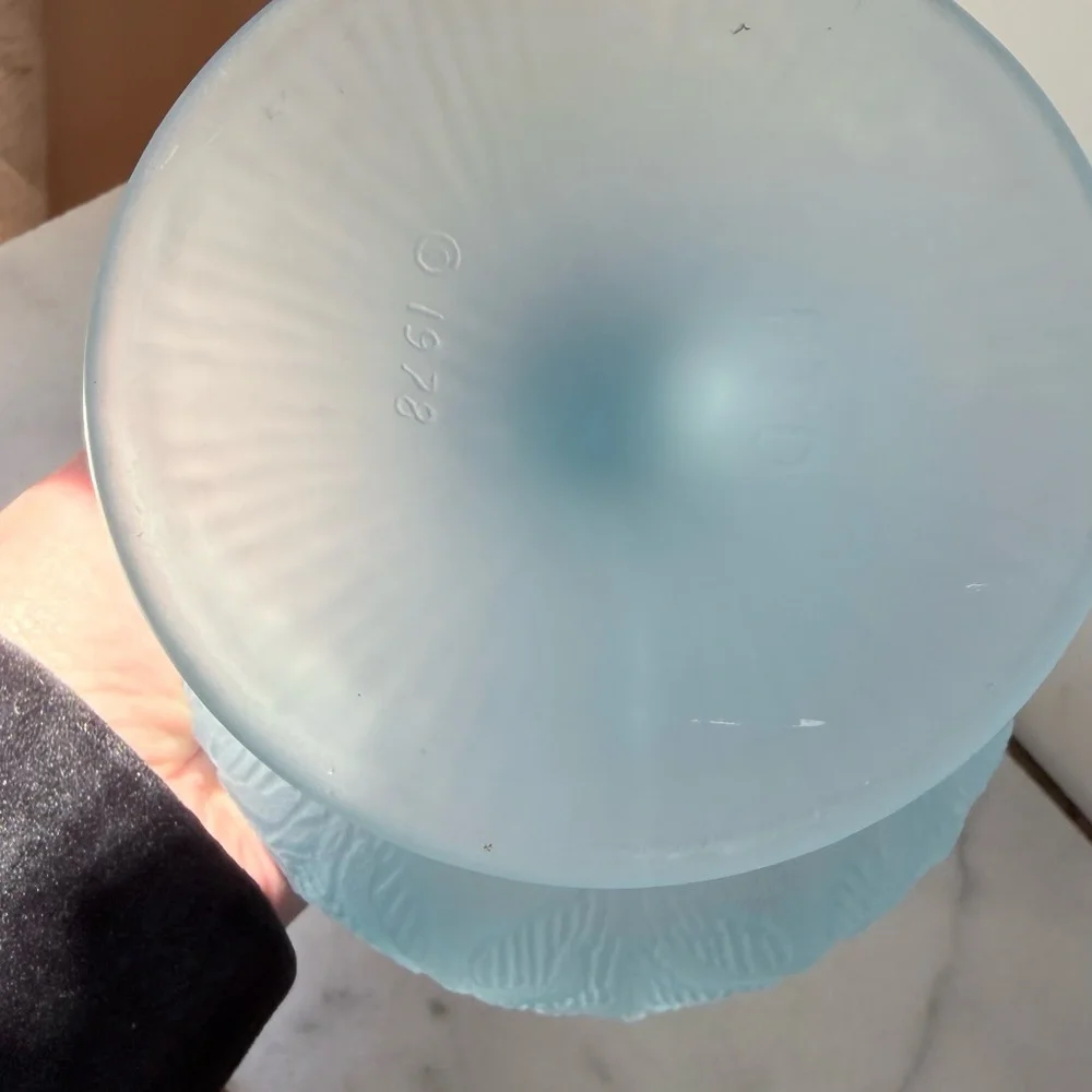 Blue Frosted Glass Compote with Leaf Relief